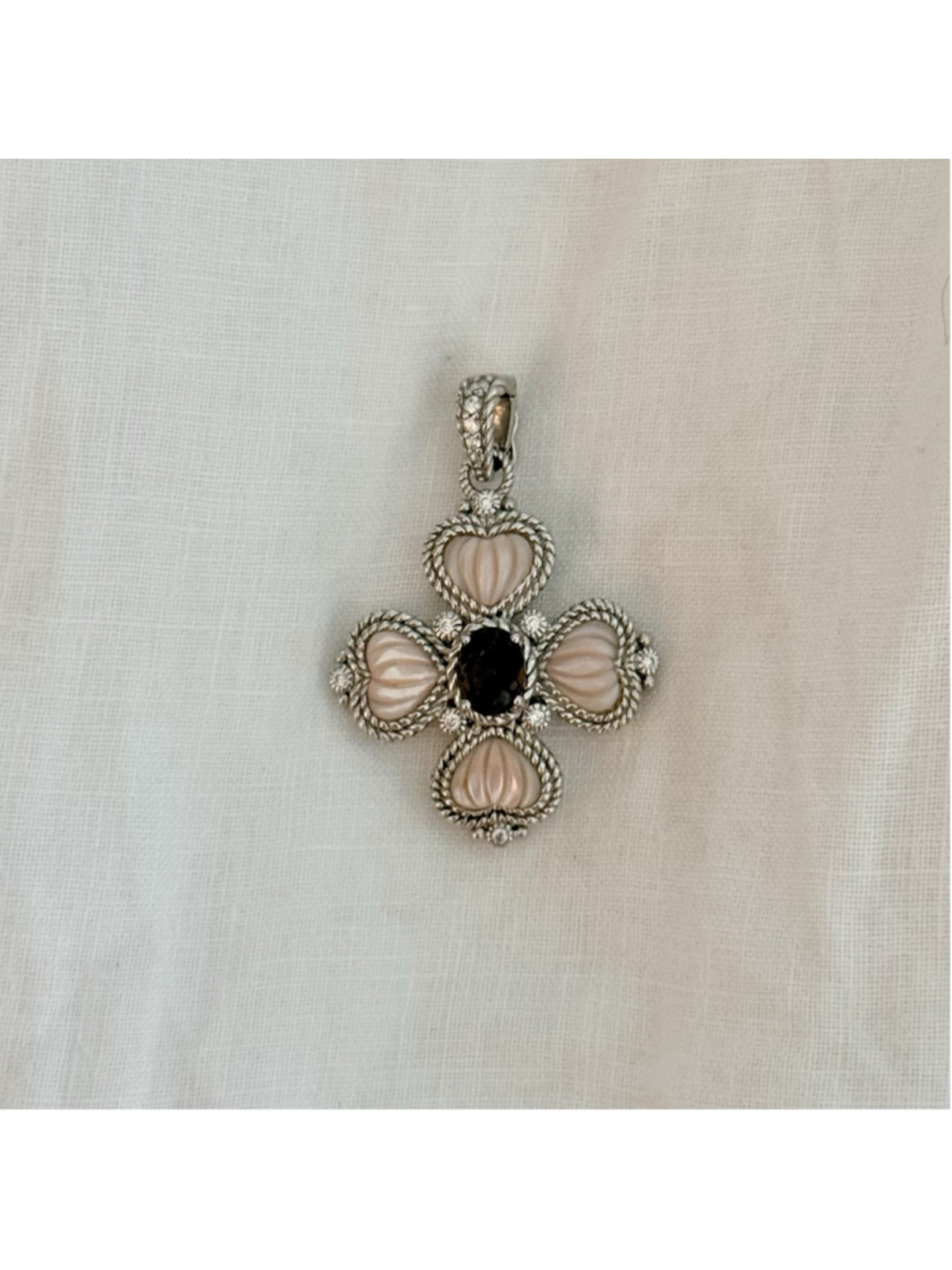 Judith Ripka 925 Sterling Pink Mother of Pearl Smoky Quartz Clover Pendant